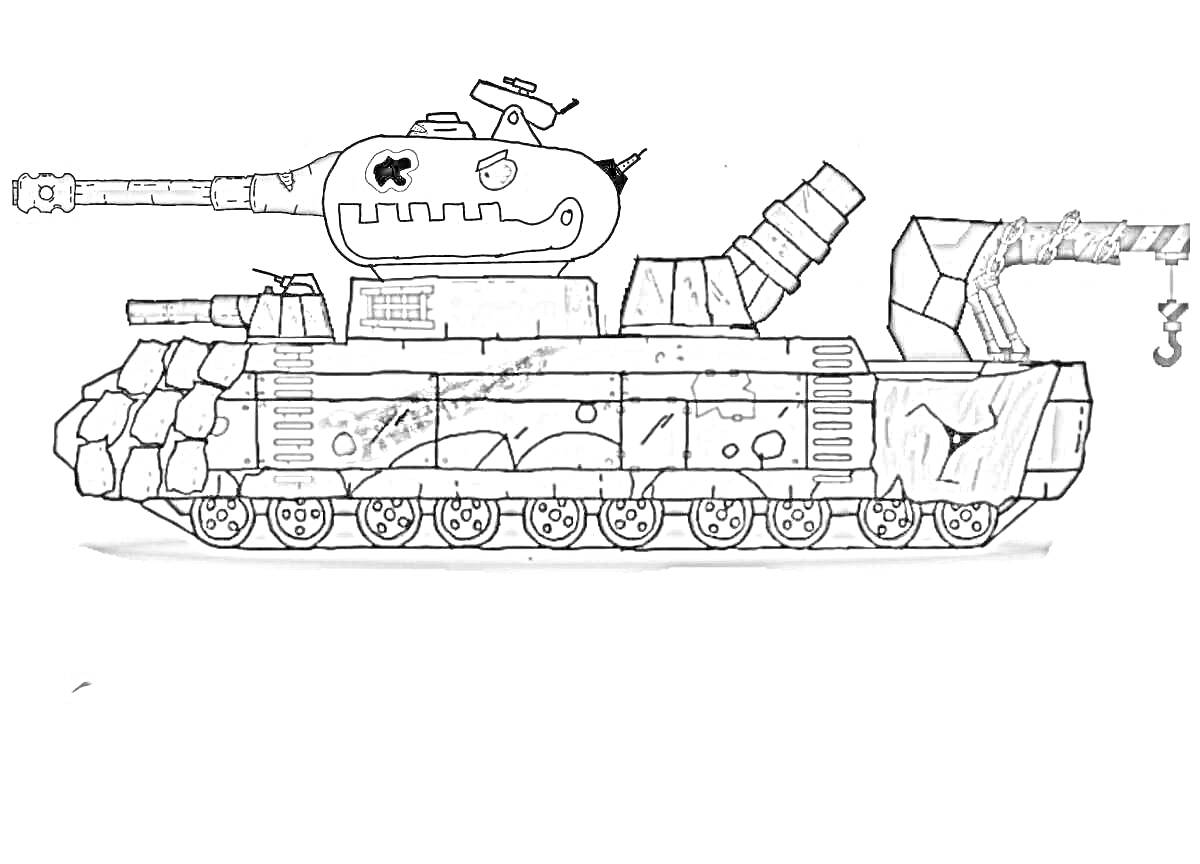 На раскраске изображено: Танк, Геранд, Пушка, Кран, Военная техника, Боевой танк, Из мультфильмов