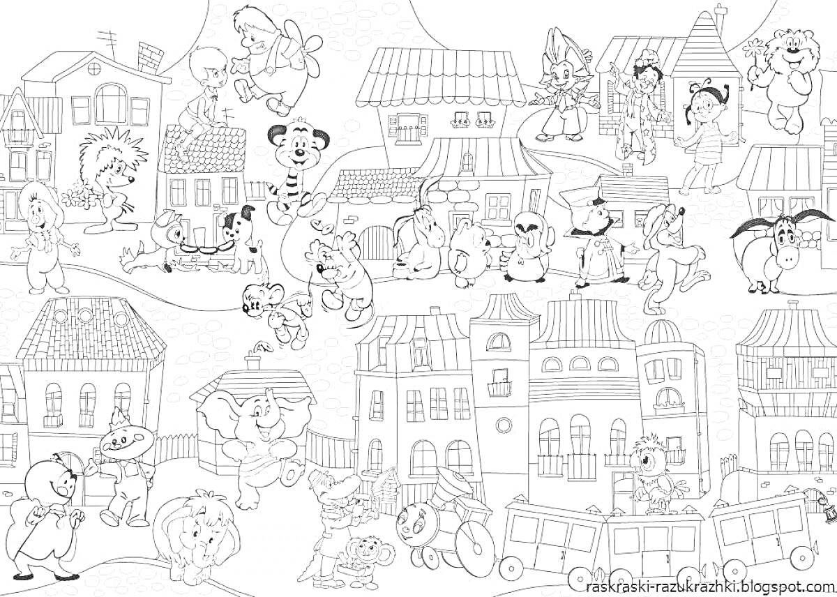 Раскраска Улицы большой деревни с веселыми персонажами и домами
