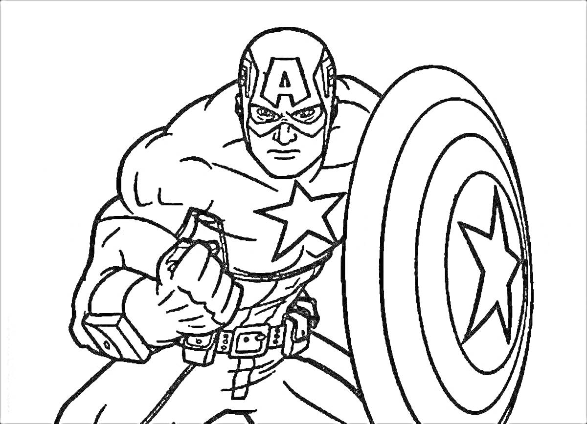 Раскраска Капитан Америка с поднятым кулаком и щитом, звезда на груди и на щите