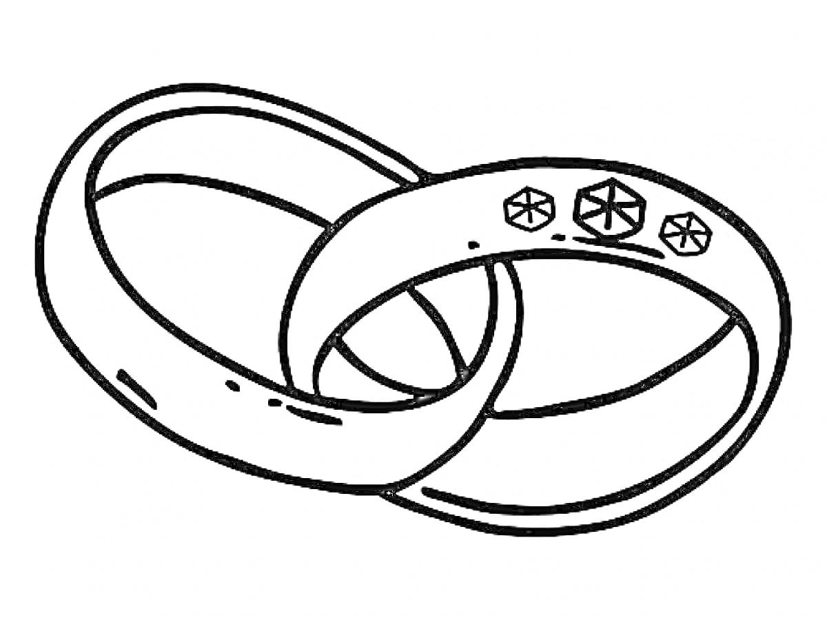 Раскраска Два переплетённых кольца с орнаментом в виде снежинки