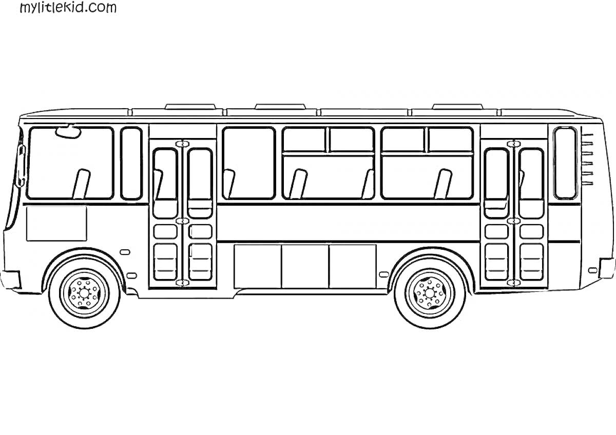 Раскраска Пазик, автобус с окнами, дверьми и колесами, вид сбоку, раскраска