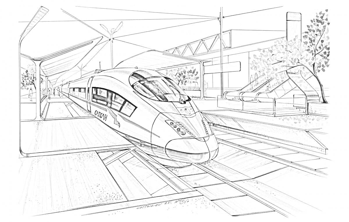 На раскраске изображено: Поезд, Ласточка, Скоростной поезд, Вокзал, Станция, Пути, Навес, Деревья, Городской пейзаж, Освещение