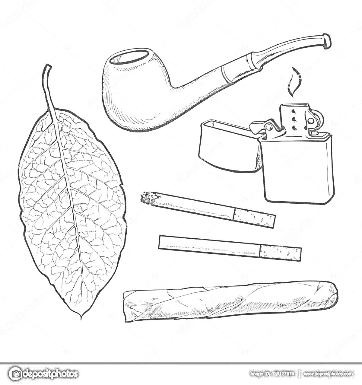 На раскраске изображено: Трубка, Табак, Зажигалка, Сигареты, Сигара, Курение