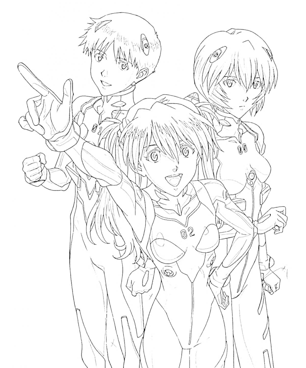 Раскраска Трое персонажей в костюмах пилотов из анимационного сериала, один из которых - Рей Аянами