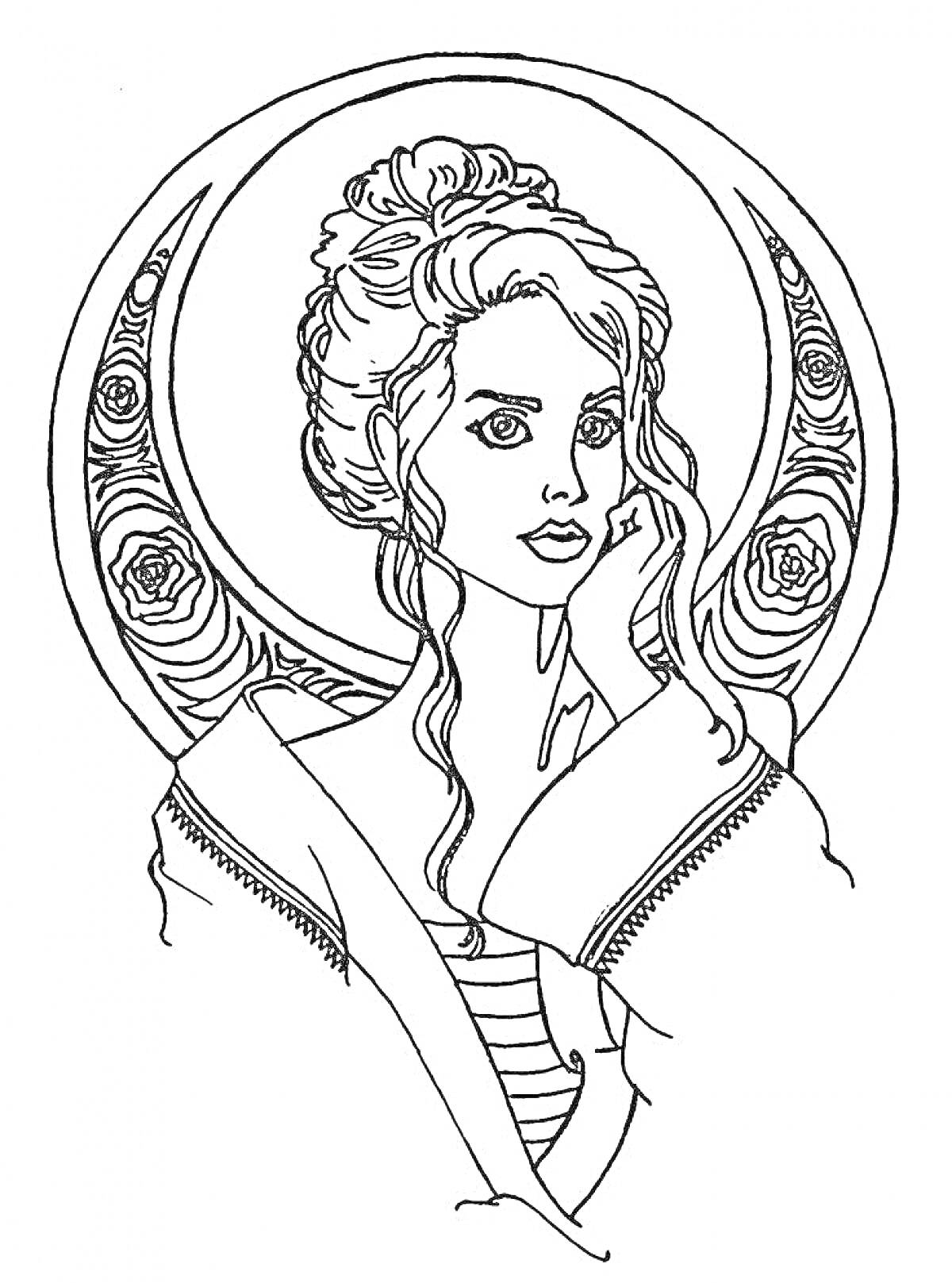 Раскраска Женщина с высоко забранными волосами и медитативным выражением лица на фоне круга с розами