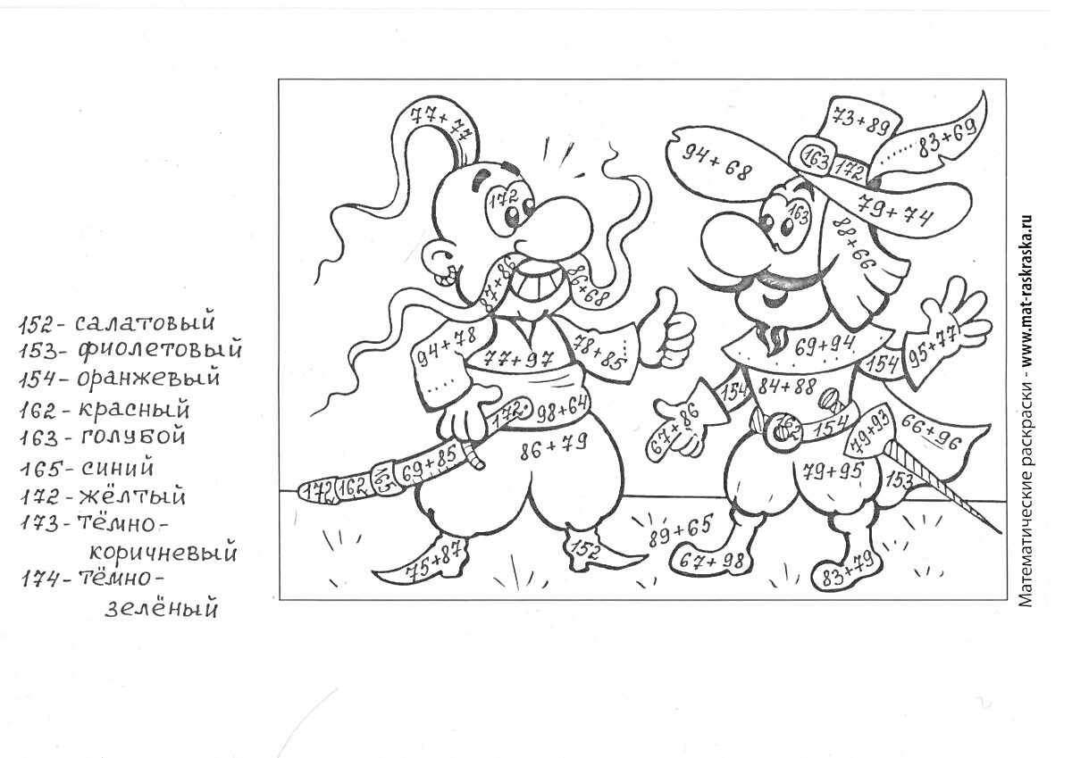 Раскраска Два мультяшных персонажа, покрытых математическими примерами сложения и вычитания с указанием номеров цветов для раскраски