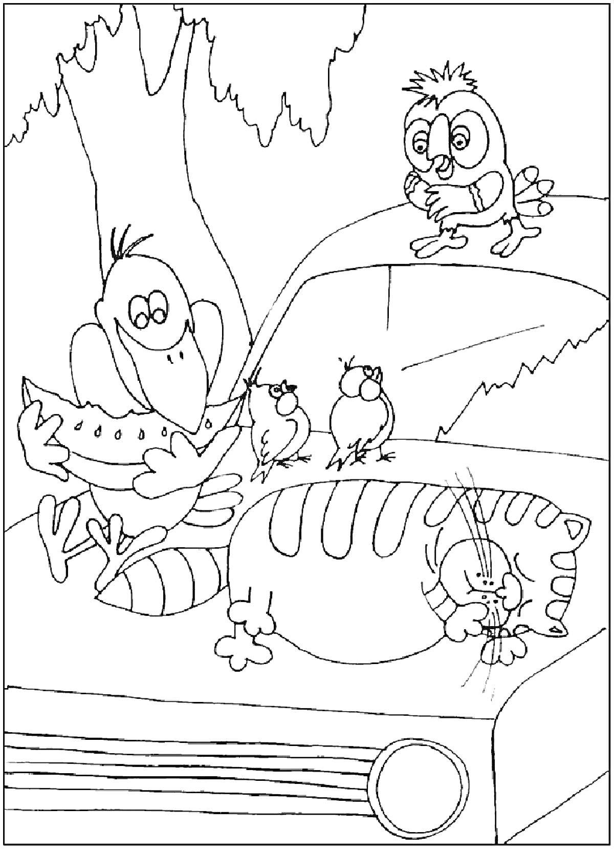 Раскраска Попугай Кеша, кот, автомобиль и птенцы на дереве