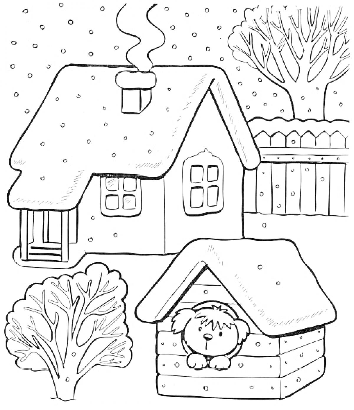 На раскраске изображено: Зима, Снег, Дом, Труба, Дым, Собака, Будка, Деревья, Забор, Пейзаж
