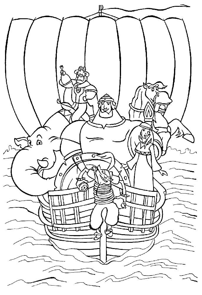 Раскраска Богатыри на корабле с лошадью и слоном на воде