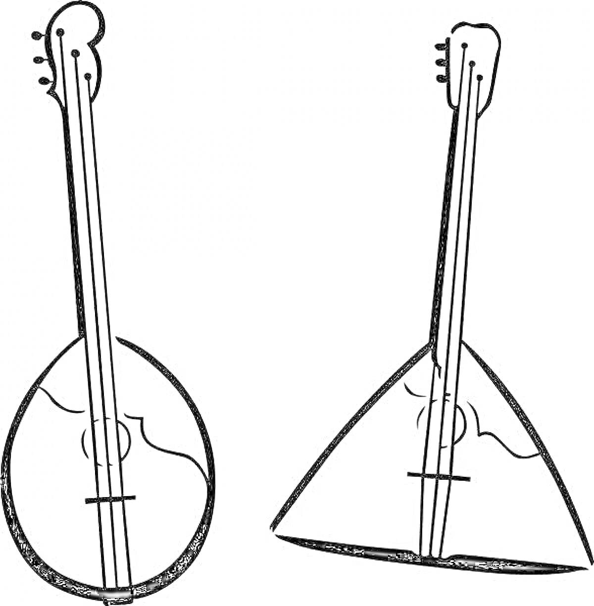 Раскраска Две домры, одна с овальным корпусом, другая с треугольным корпусом