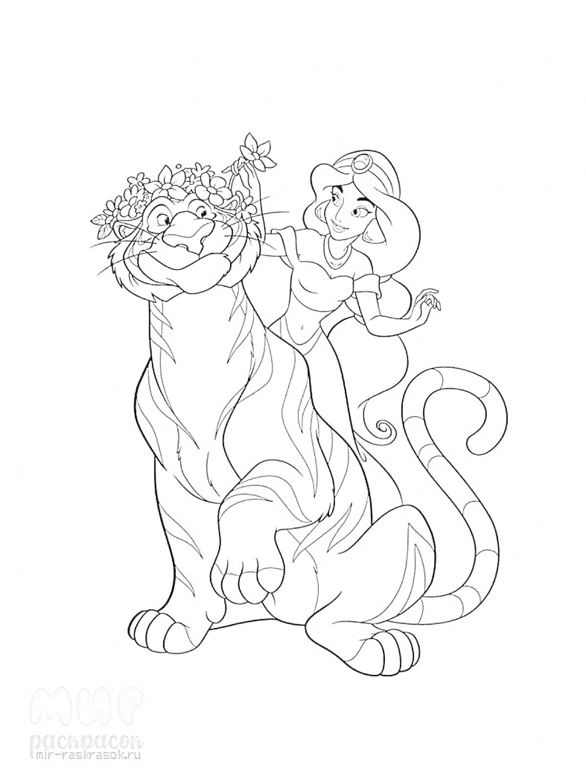 На раскраске изображено: Тигр, Цветы, Венок, Длинные волосы, Принцесса