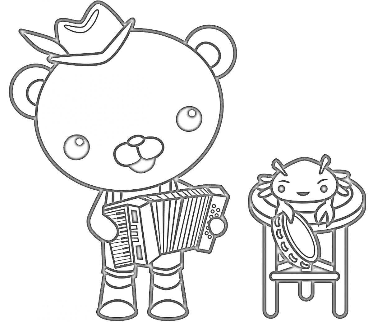 Раскраска Мишка с аккордеоном и медуза с годовым бубна
