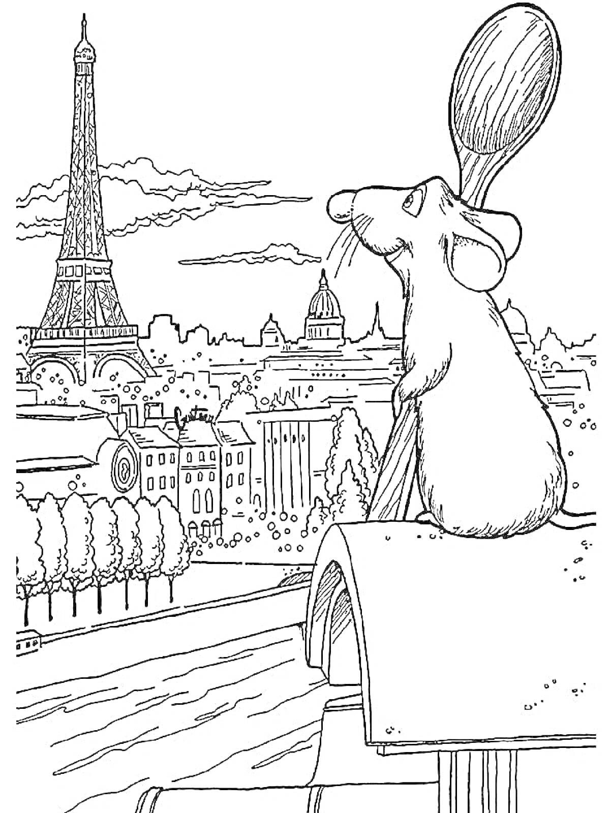 Раскраска Мышонок с большой ложкой на крыше со взглядом на Эйфелеву башню и Парижские здания