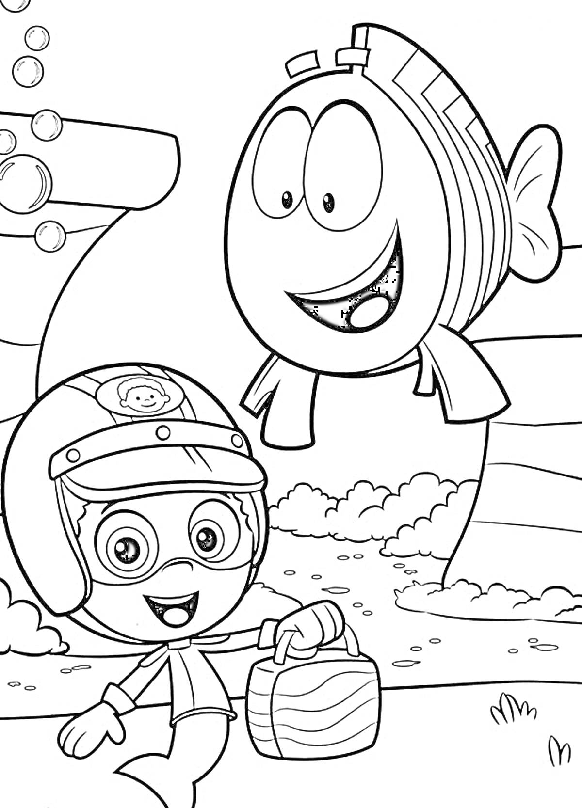 На раскраске изображено: Рыба, Водолаз, Подводный мир, Море, Персонаж, Из мультфильмов, Пузыри