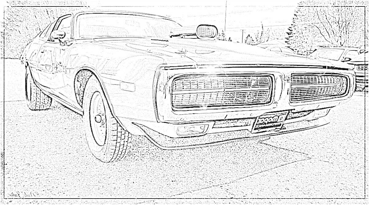 Раскраска Классический Dodge Challenger, вид спереди под углом, на парковке
