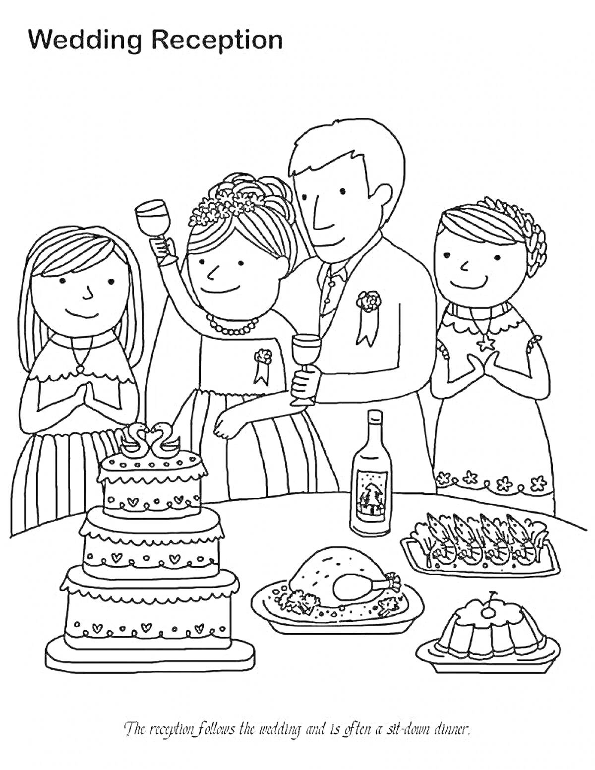 На раскраске изображено: Свадьба, Прием, Торт, Жених, Невеста, Гости, Бутылка, Еда, Закуски