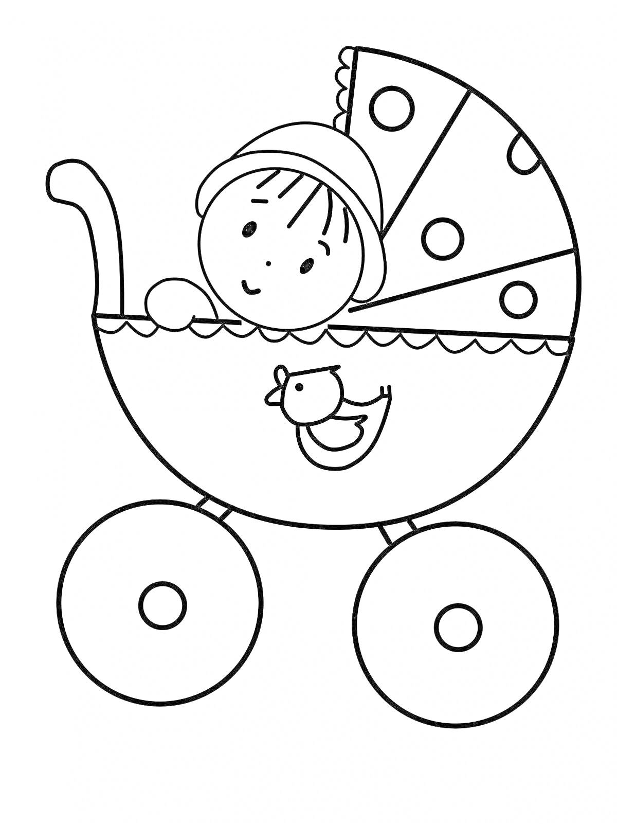 На раскраске изображено: Ребенок, Коляска, Игрушки, Для детей