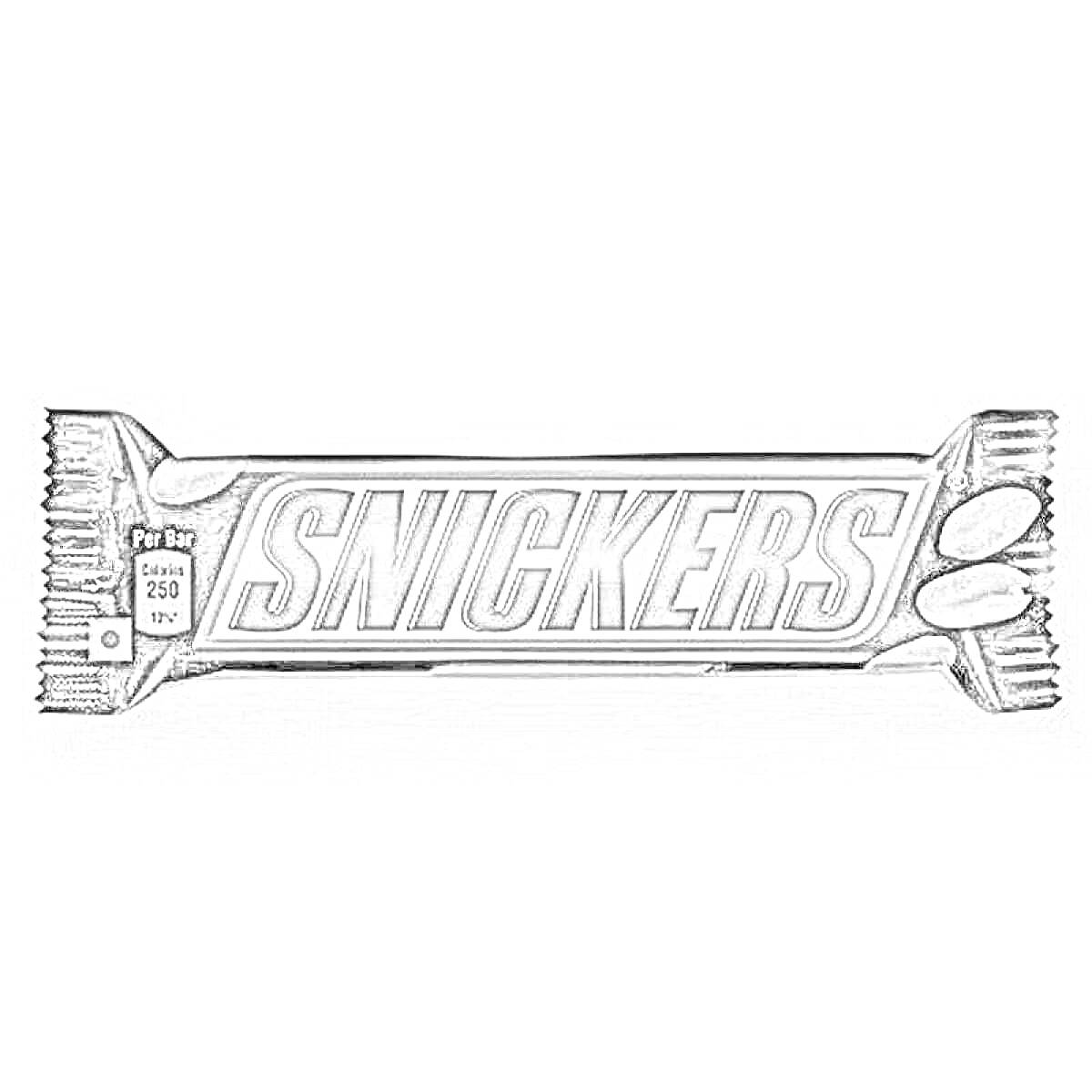 На раскраске изображено: Snickers, Батончик, Шоколад, Упаковка, Сладости