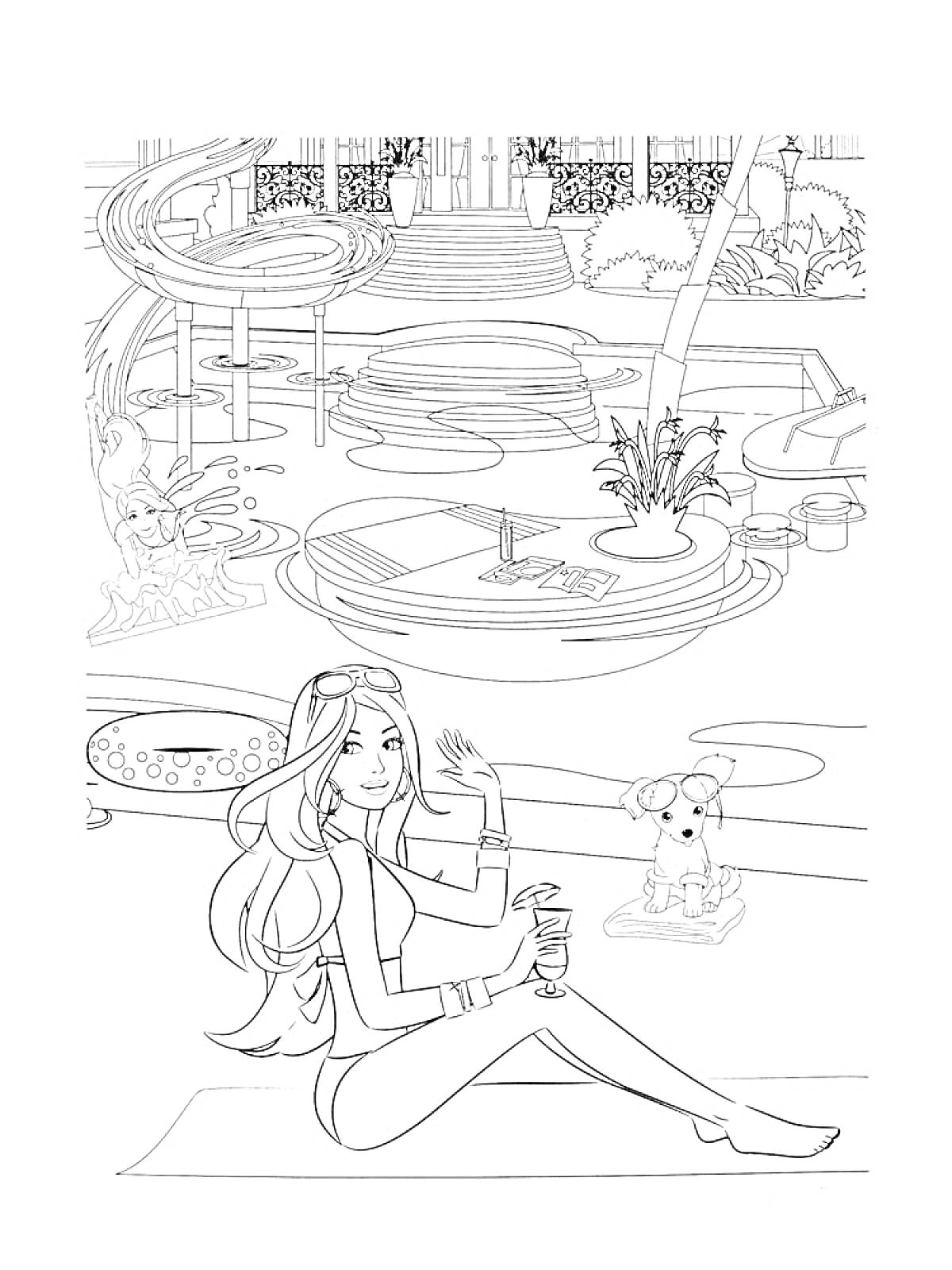 Девушка у бассейна с напитком и собачка, аттракционы в аквапарке, фонтаны и джакузи