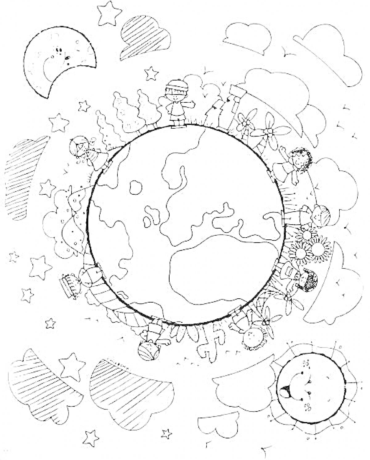 На раскраске изображено: Планета Земля, Солнце, Луна, Облака, Звезды, Дружба, Природа, Глобус, Для детей