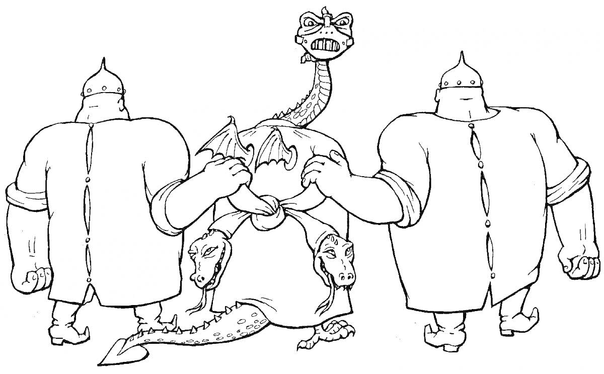 На раскраске изображено: Руслан и людмила, Черномор, Богатырь, Три головы, Иллюстрация