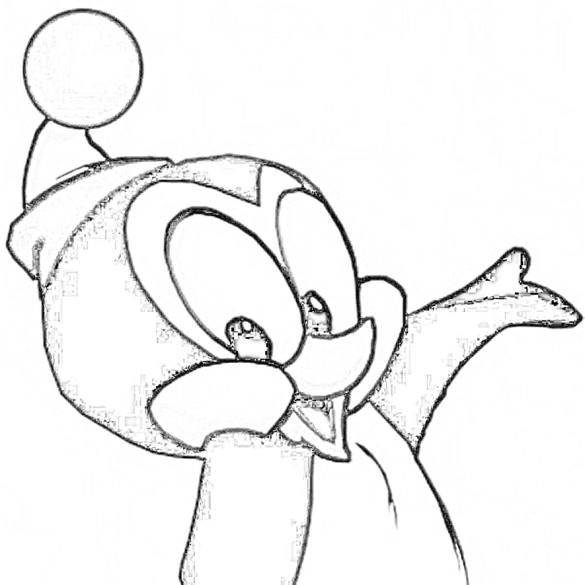 Раскраска Пингвин в шапке с помпоном с поднятой рукой