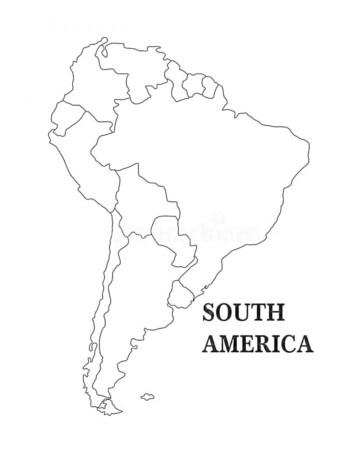 На раскраске изображено: Южная Америка, Контурная карта, Название, Текст, География, Континенты