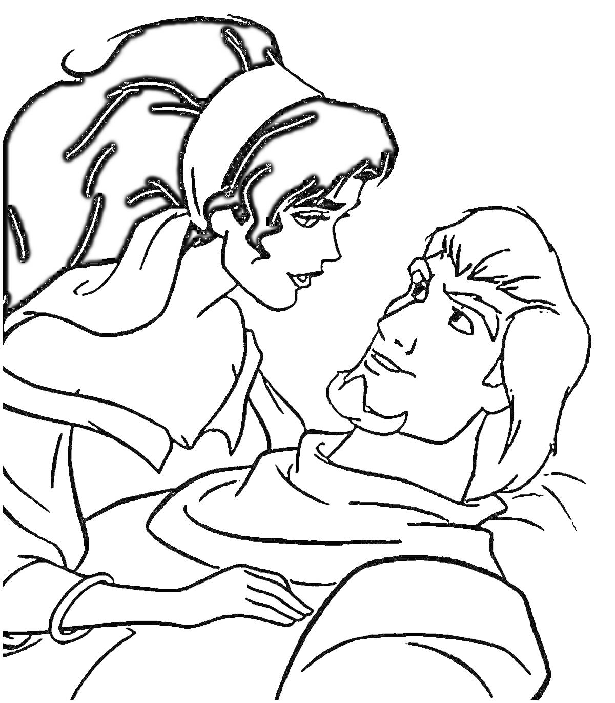 Раскраска Женщина с длинными волосами и повязкой на голове, наклоняется к мужчине, лежащему с поднятой головой