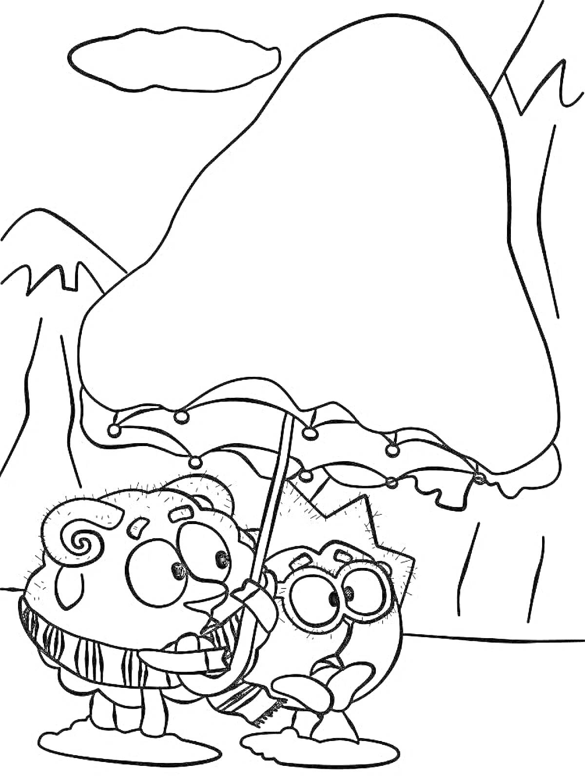 Раскраска Два смешарика под елкой в снегу, один держит зонт