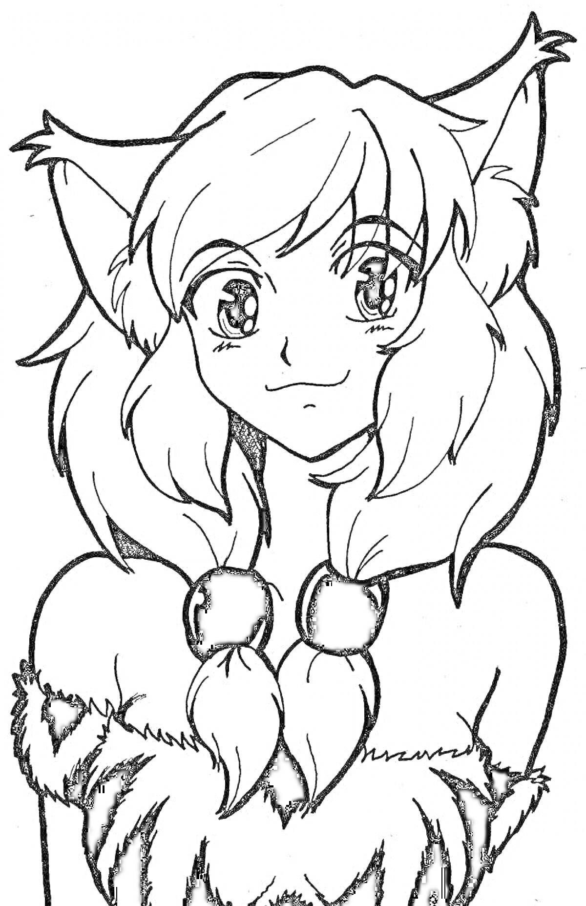 Раскраска Аниме девушка с кошачьими ушами и волосами, заплетенными в две косы