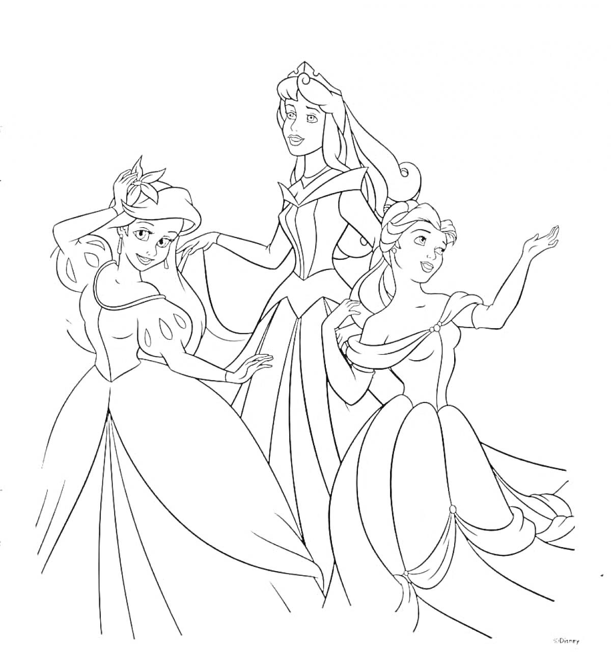 Раскраска Три принцессы Дисней в платьях (Ариэль, Аврора и Белль).