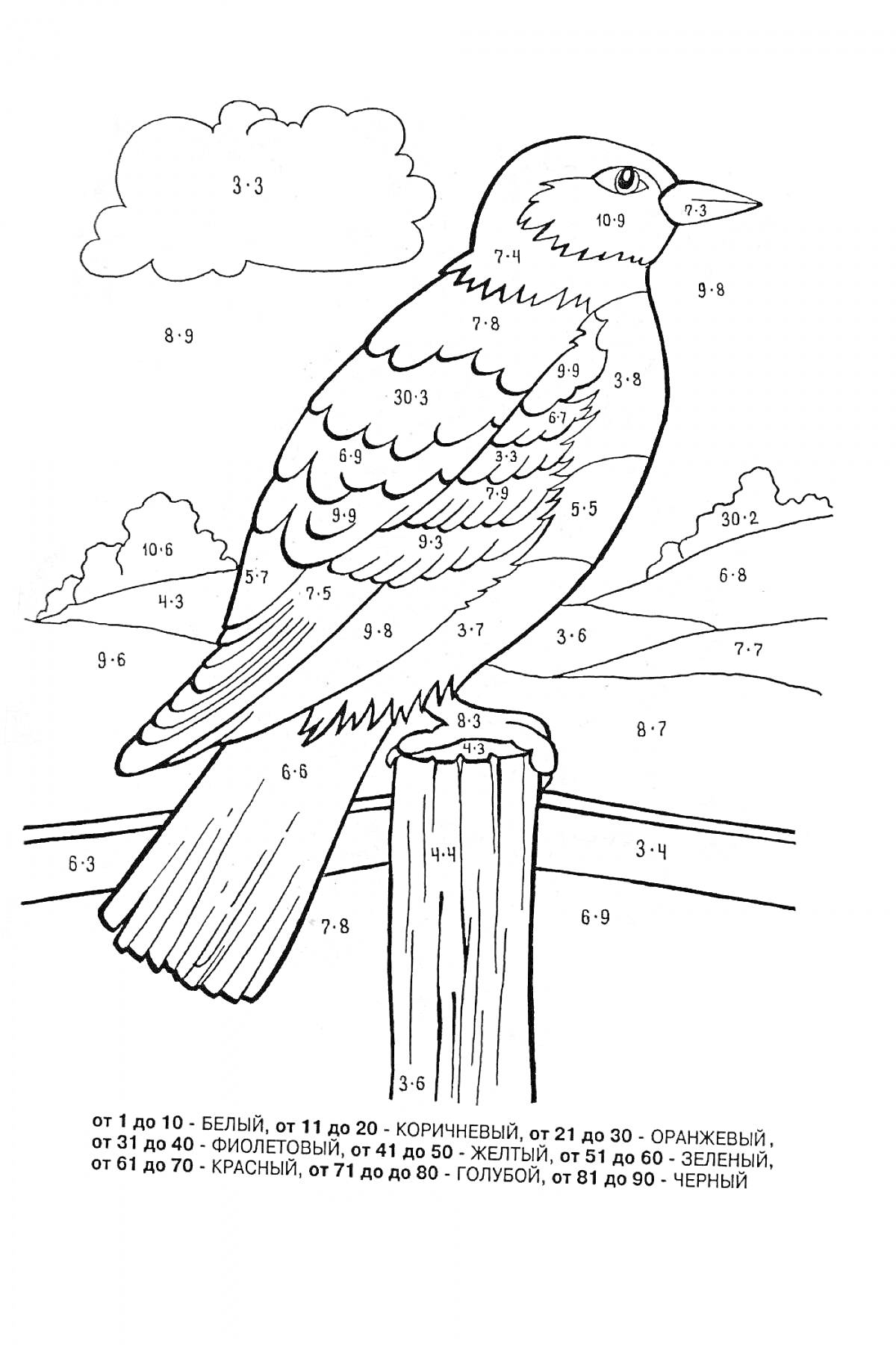 На раскраске изображено: По номерам, Птица, Облака, Жердочка