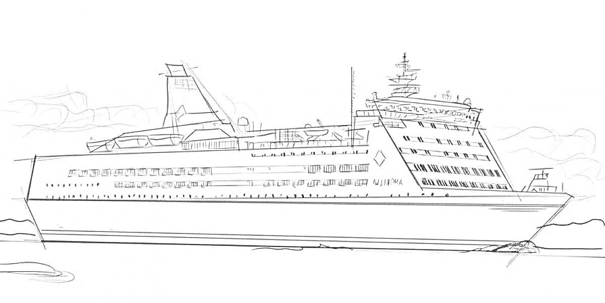 На раскраске изображено: Лайнер, Круизный корабль, Морской транспорт, Палубы, Надстройки, Облака, Море