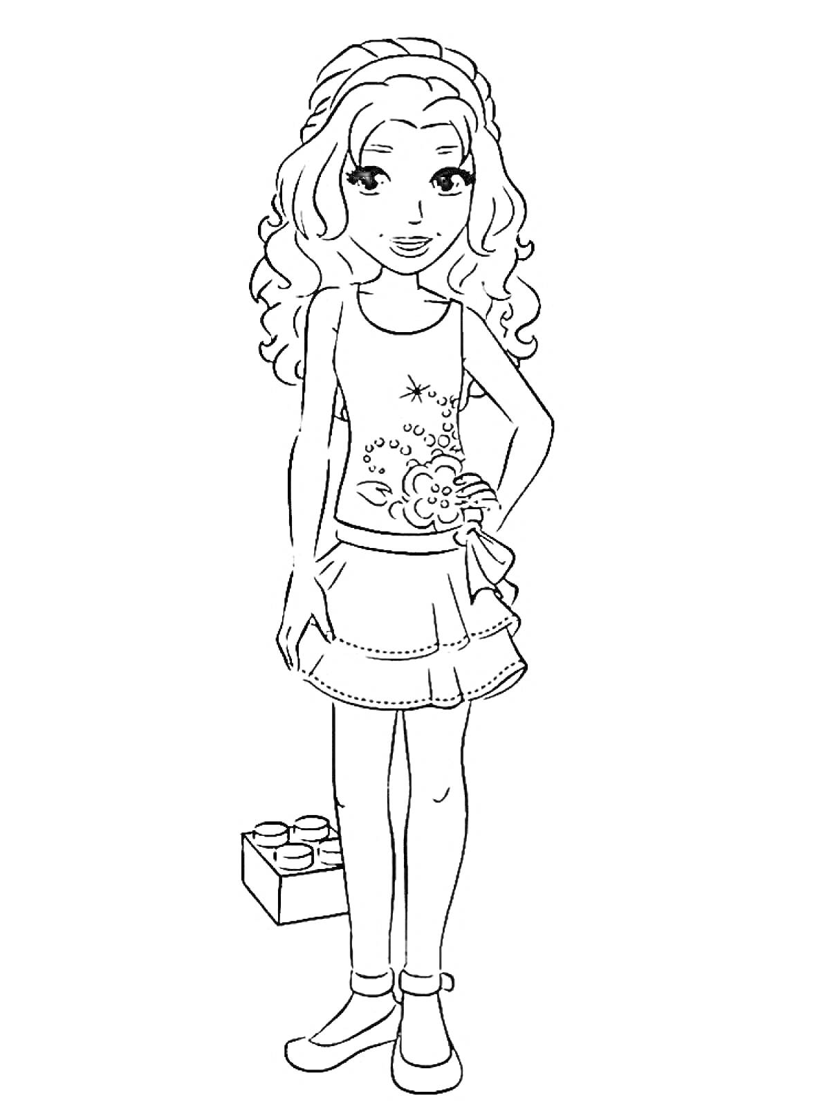 Раскраска Девочка с длинными волосами в юбке и топе, с блоком Лего
