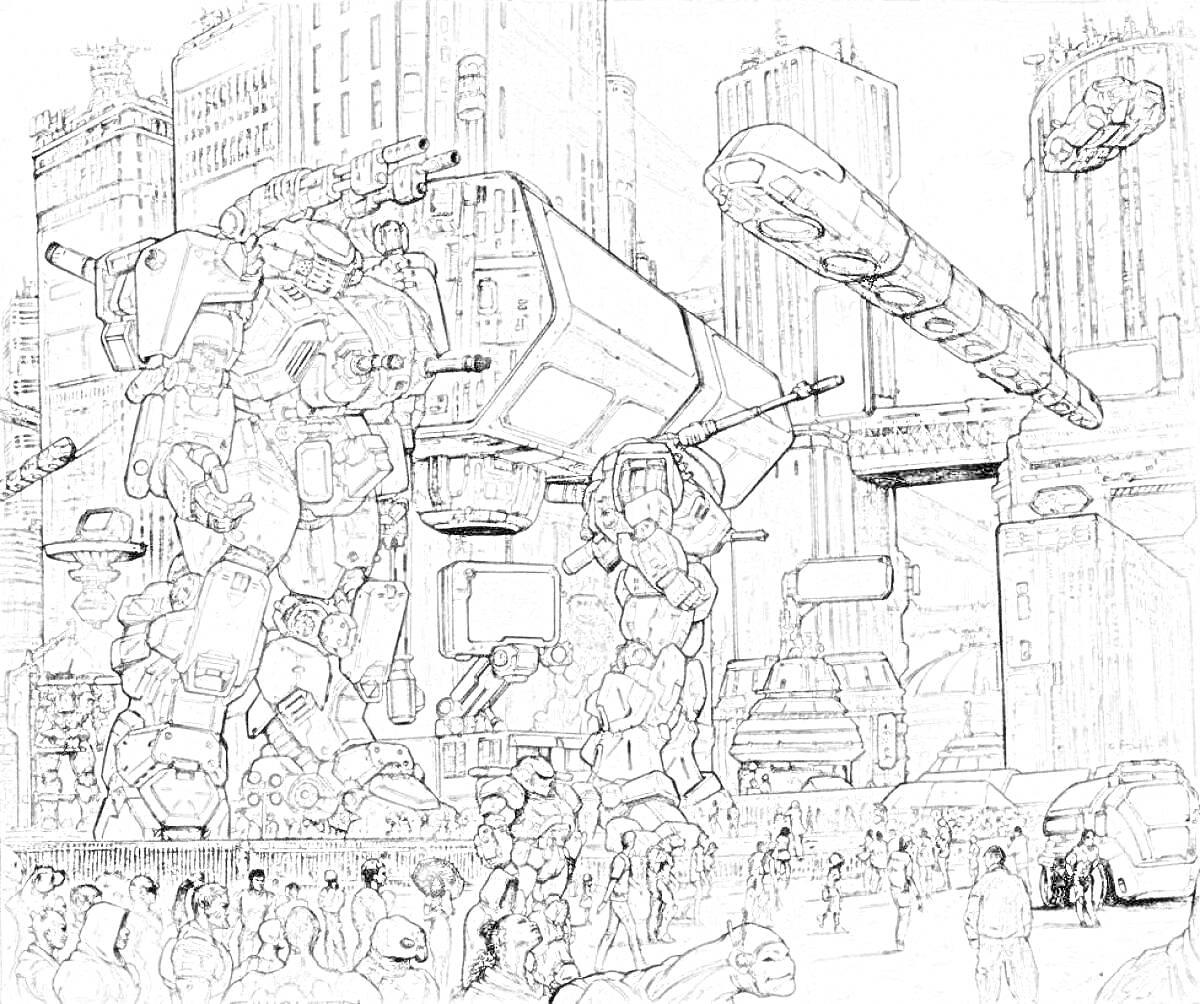 Раскраска Киберпанк улица с гигантскими роботами, летающими машинами и толпой людей в футуристическом городе