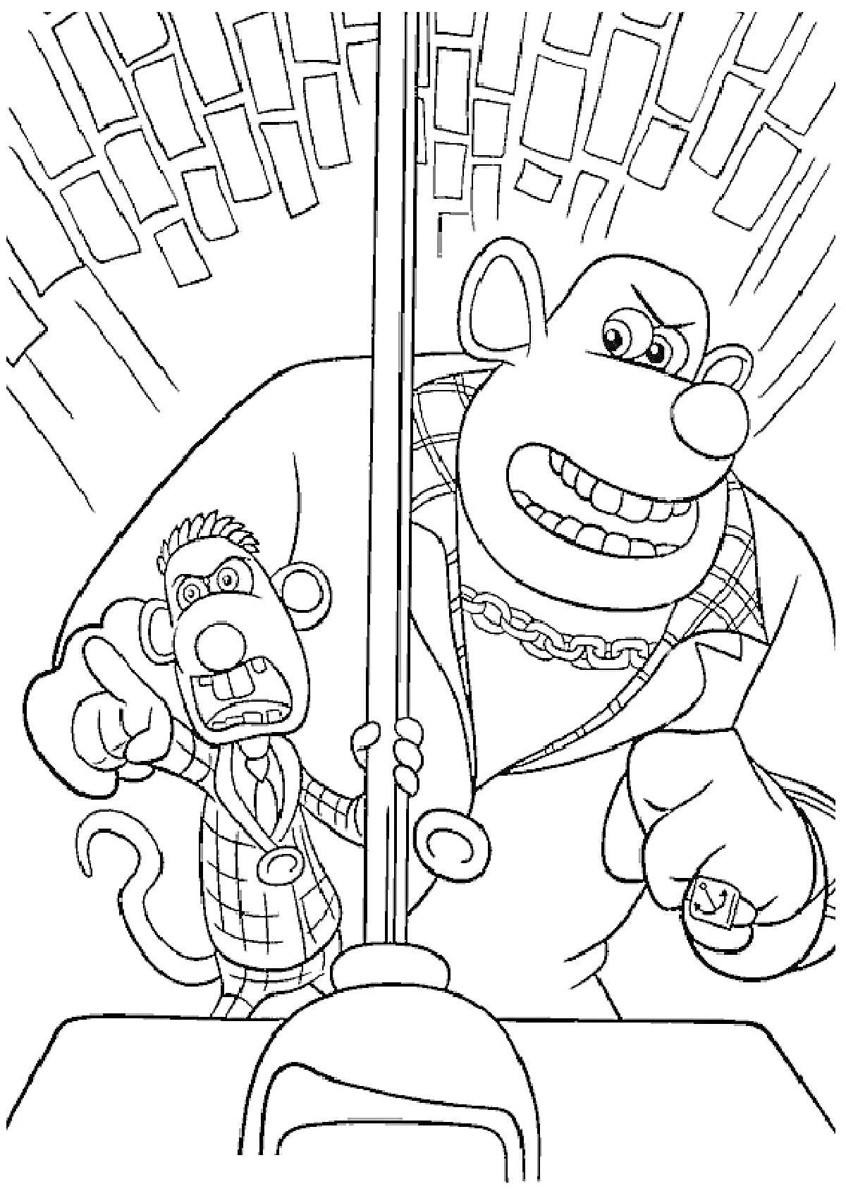 Раскраска Два персонажа в костюмах у металлического шеста в туннеле