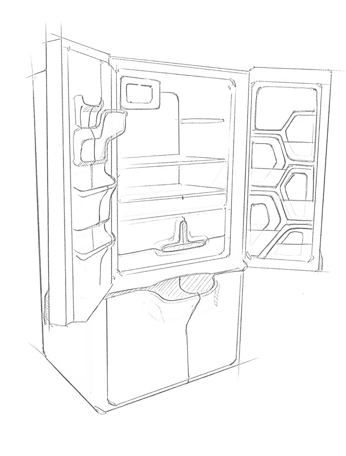 Раскраска Открытый холодильник с полками на дверце и разноуровневыми полками внутри