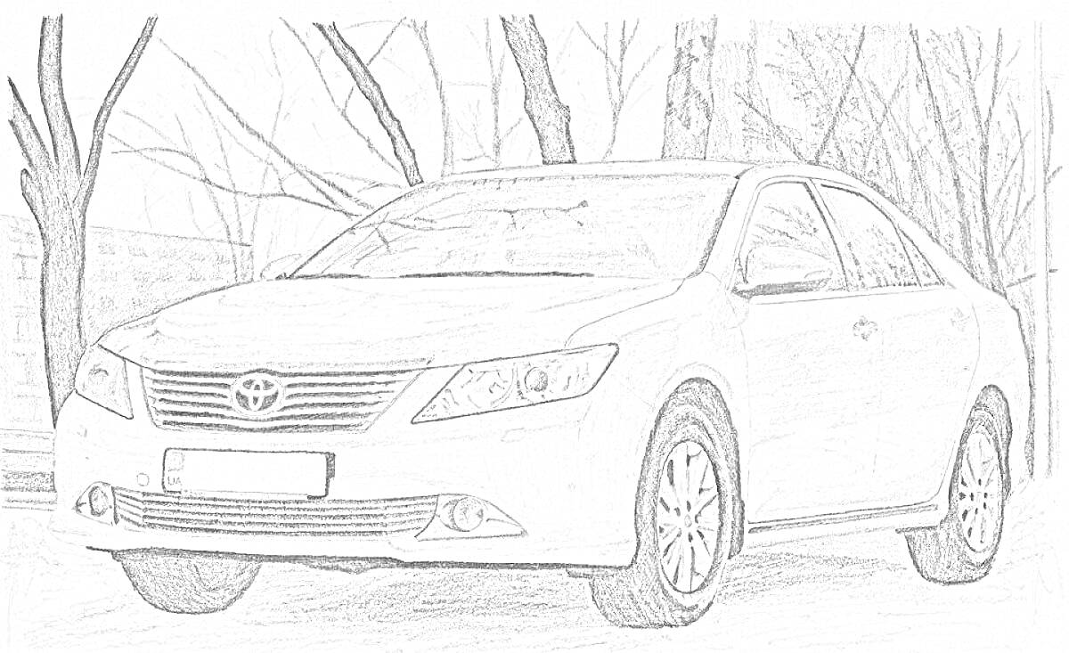 Раскраска Рисунок автомобиля Toyota Camry на фоне зимнего леса