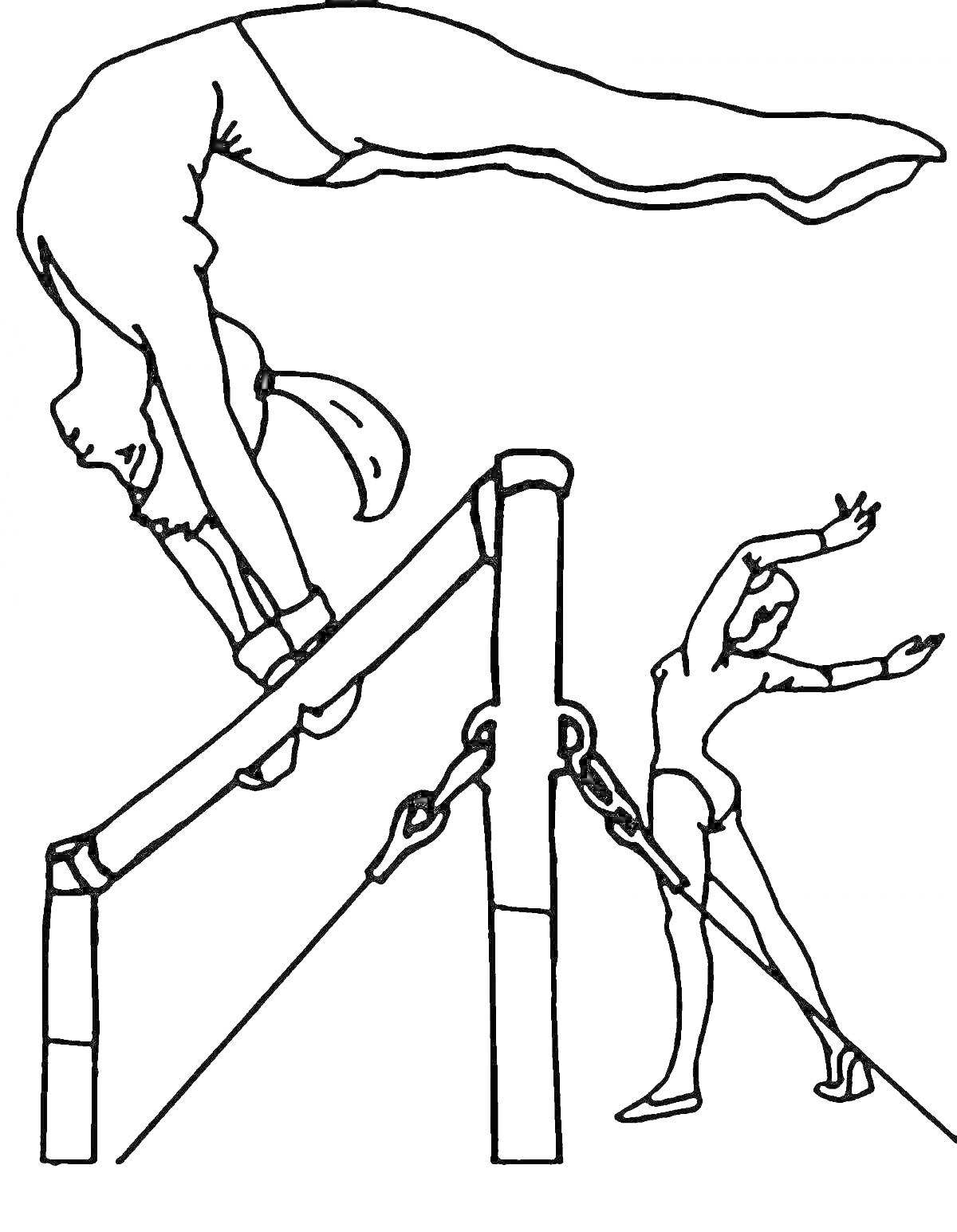Раскраска Спортивная гимнастика на разновысоких брусьях