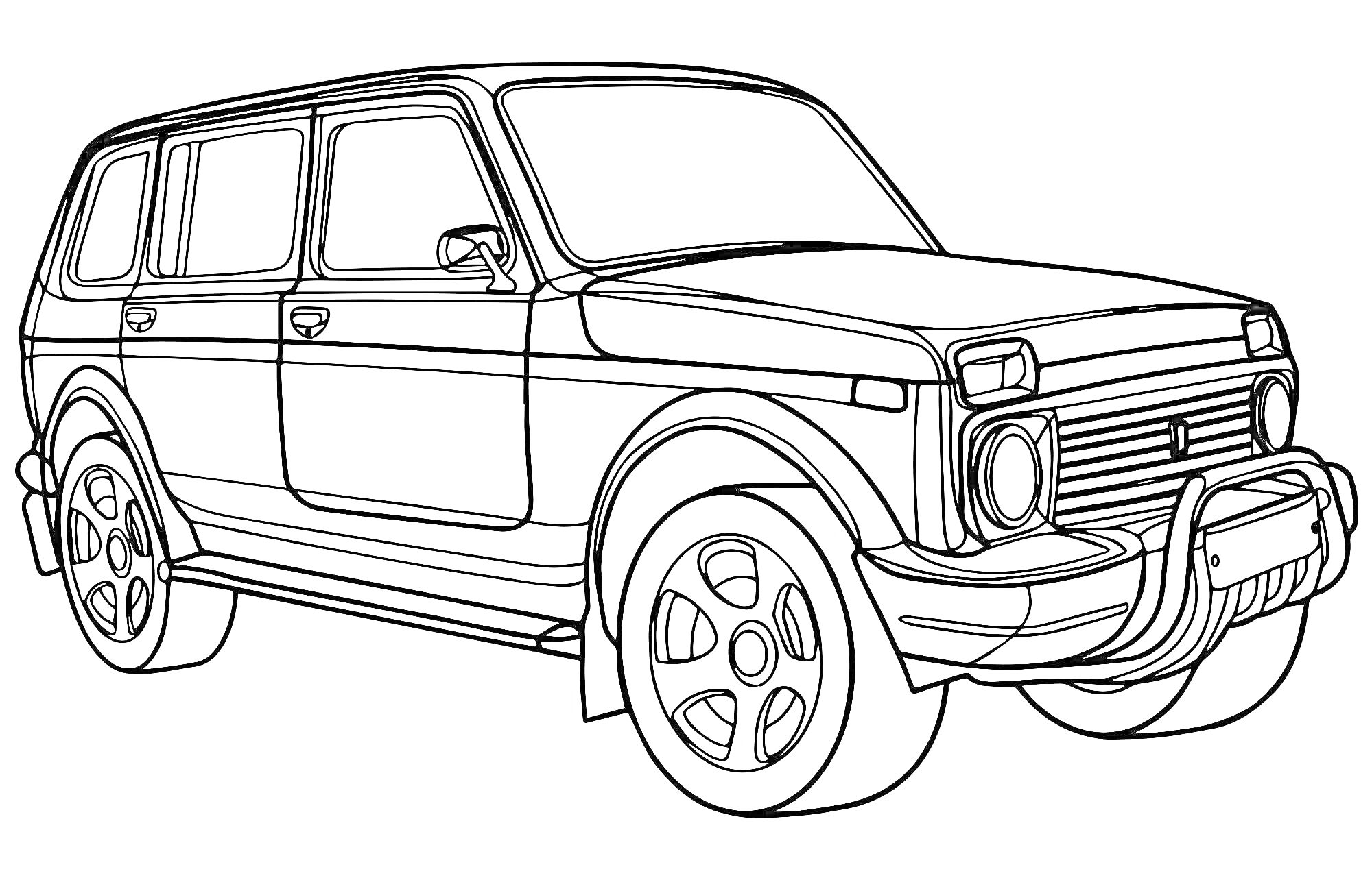 Раскраска Внедорожник с четырьмя дверями и мощным бампером