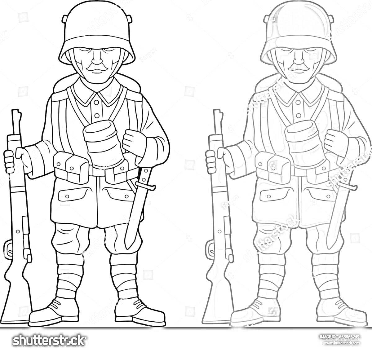 Раскраска Немецкие солдаты с винтовками и гранатами в военной форме и касках