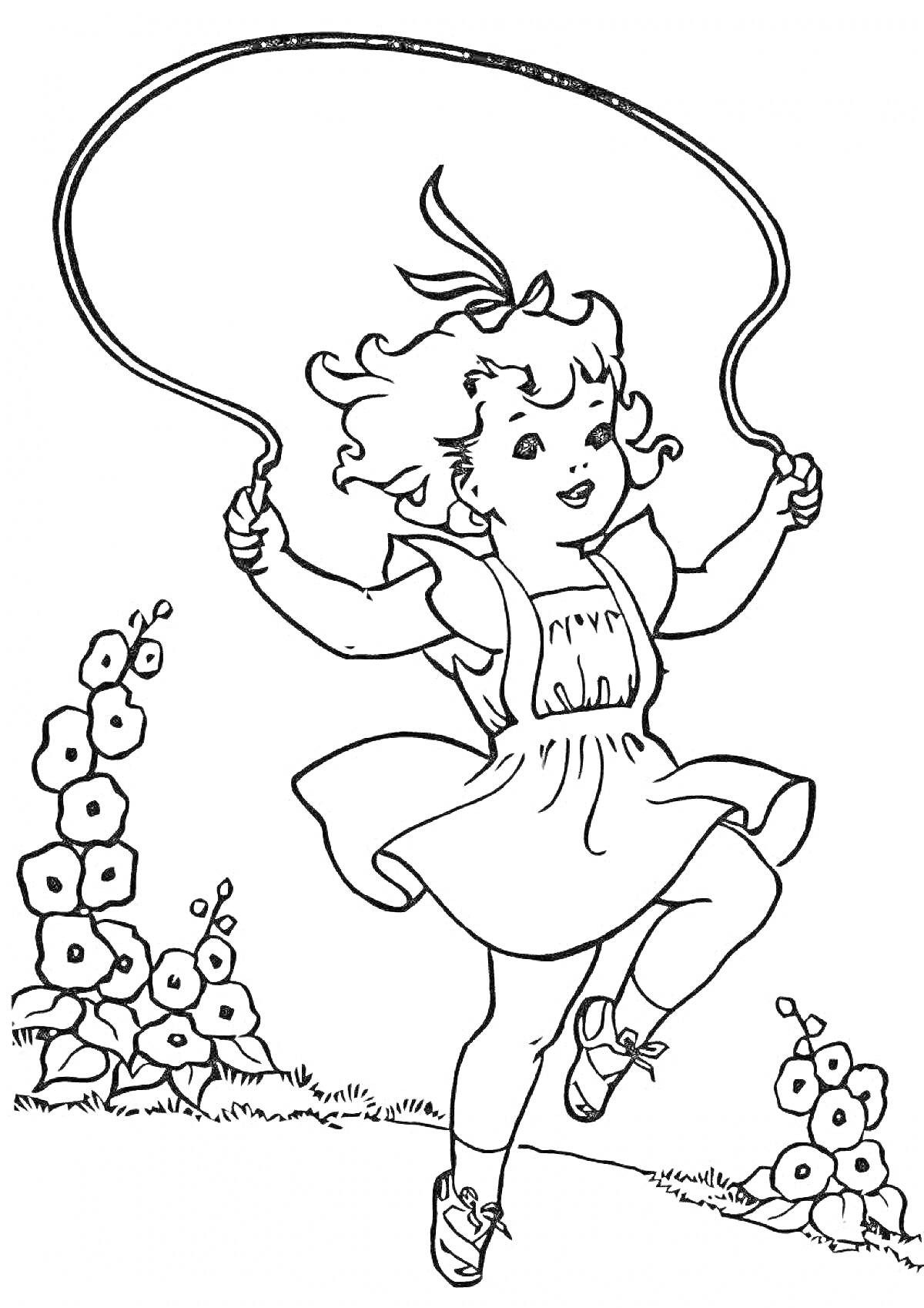 На раскраске изображено: Девочка, Скакалка, Прыжки, Цветы, Детство, Лето, Природа