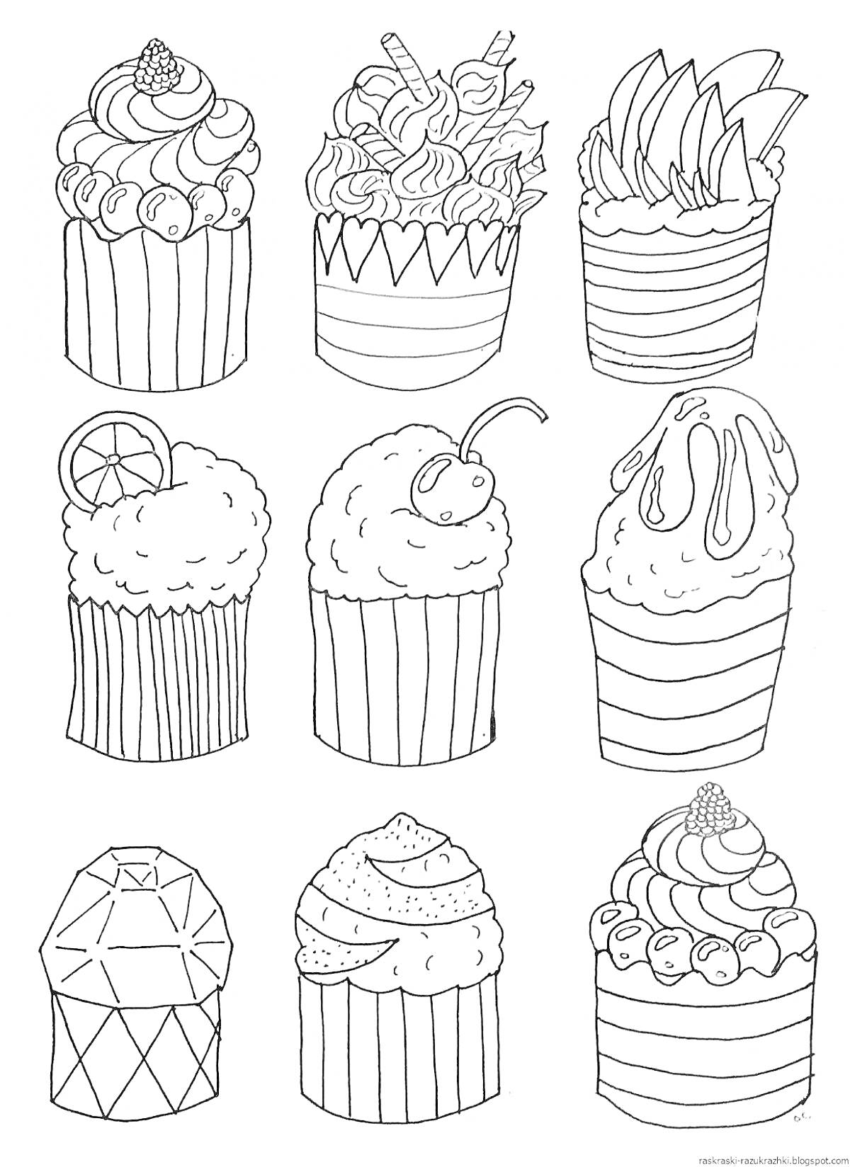 На раскраске изображено: Капкейки, Десерты, Сладости, Крем, Вишня, Лимон, Яблоко, Шоколад, Мармелад, Украшения, Выпечка, Кондитерские изделия