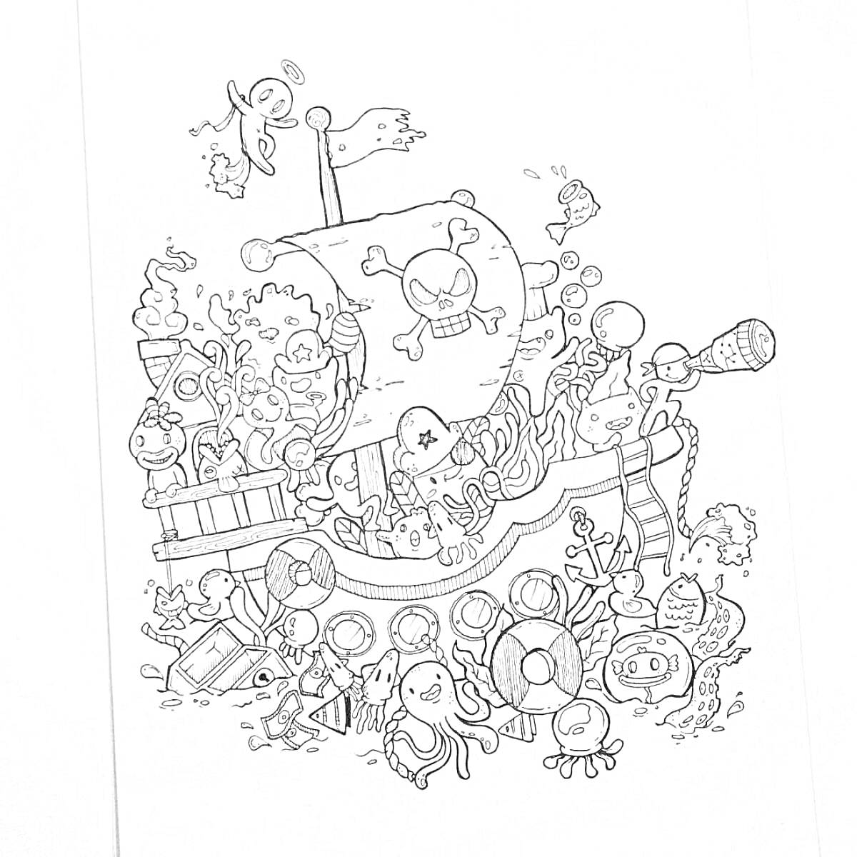На раскраске изображено: Пиратский корабль, Животные, Сокровища, Веселье, Череп, Флаг, Флагшток, Рыба, Корабль