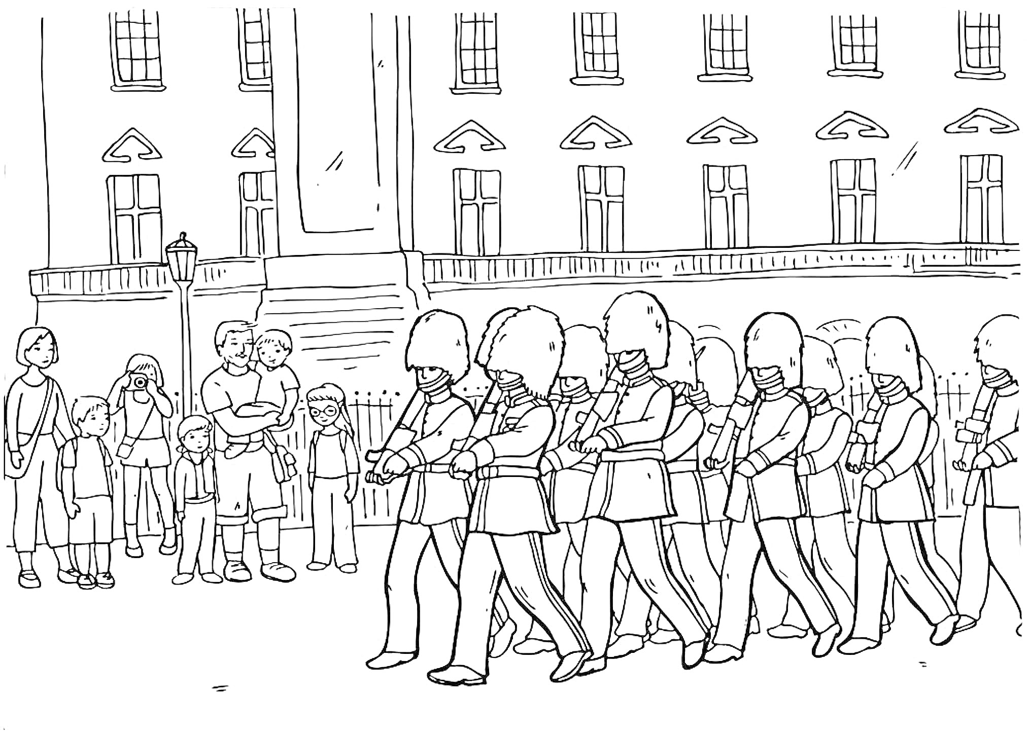 Раскраска Солдаты Королевской гвардии на параде перед британским дворцом, зрители на фоне