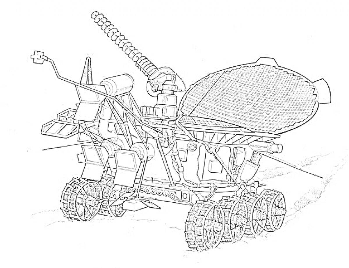 Раскраска Луноход с антеннами и солнечными панелями на шести колёсах