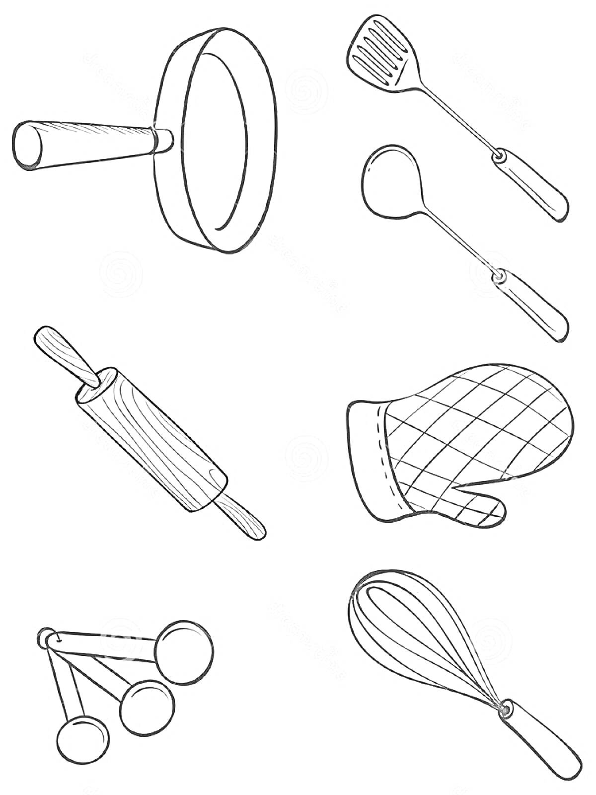 Кухонные принадлежности (сковорода, лопатка, половник, скалка, прихватка, мерные ложки, венчик)