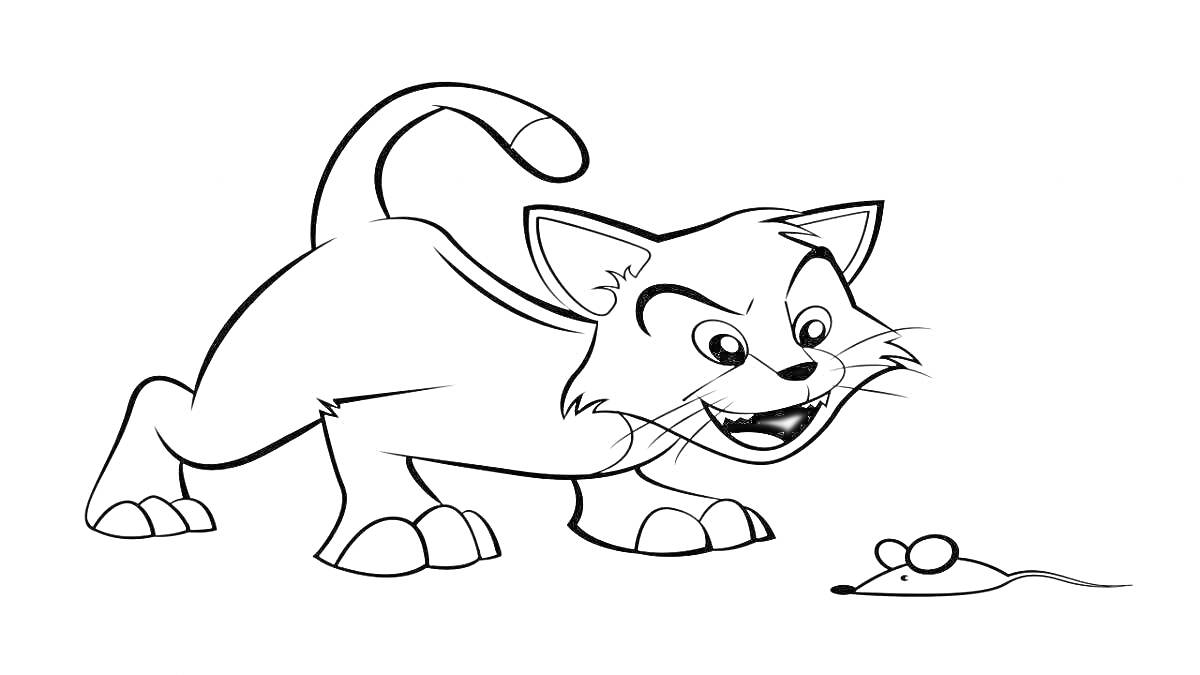 Раскраска Кот в мультяшном стиле, охотящийся на мышь.