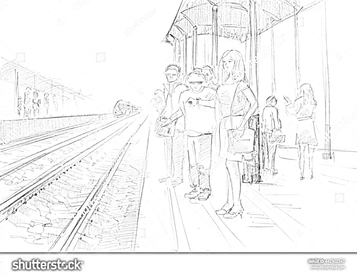 На раскраске изображено: Вокзал, Поезд, Рельсы, Ожидание, Навес, Багаж, Железная дорога, Городская сцена