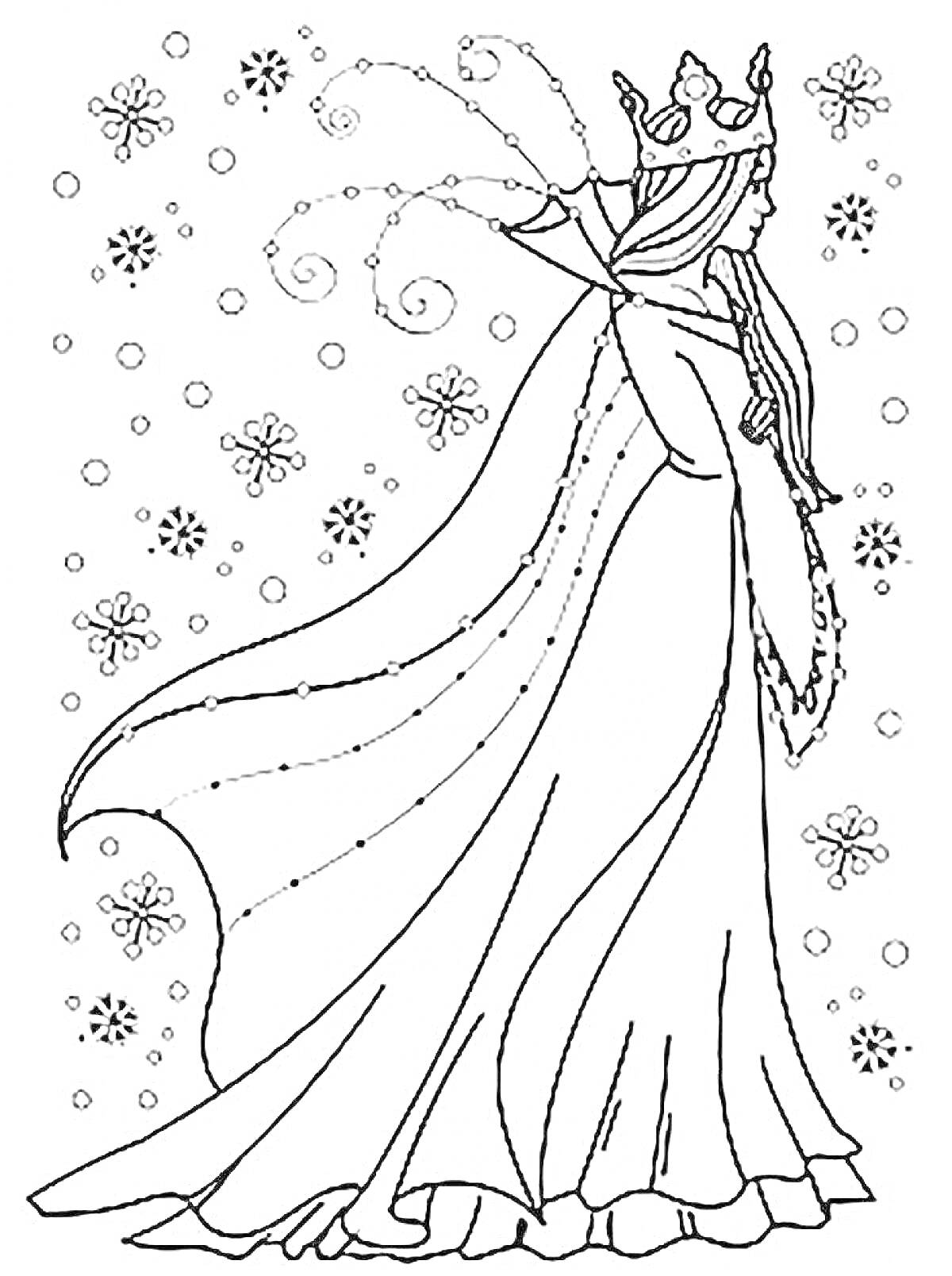 Раскраска Снежная королева в короне с длинным платьем и развевающимся плащом, окруженная снежинками